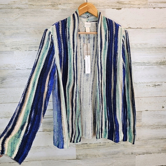 NWT Chico's Boho Linen Broken Stripe Cocoon Sweater Cardigan Medium Blue Cozy - Picture 12 of 16